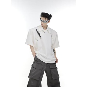 CulturE小眾解構金屬皮帶扣設計感墊肩PoLo衫先鋒高級短袖男T恤潮