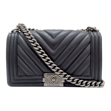 【二手名牌BRAND OFF】CHANEL 香奈兒 黑色 羊皮 Boy25 鍊帶 肩背包