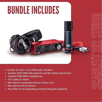 Focusrite Scarlett 2i2 Studio 3rd Gen USB Audio Interface Bundle with Pro Tools First, Microphone, Headphones, XLR Cable, Knox Studio Stand, Shock Mou