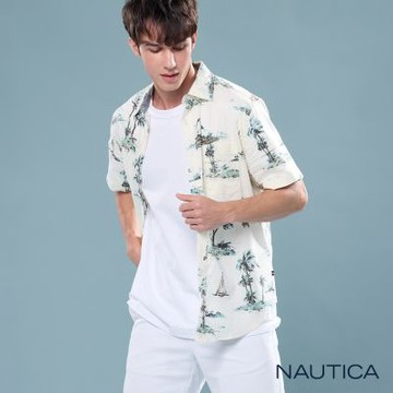 Nautica 男裝 熱帶海島印花棉質短袖襯衫-米色