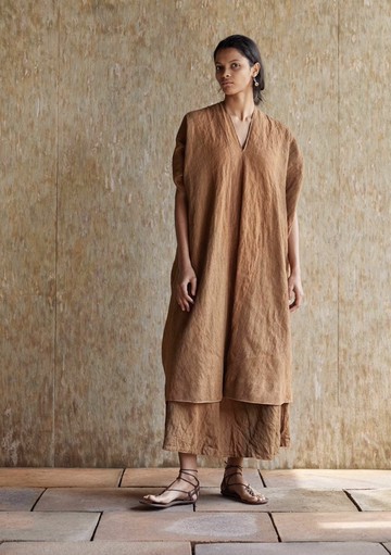 復古文青 亞麻植物染連身裙 休閒袍子