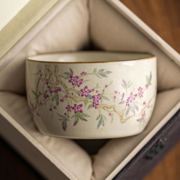 米黃汝窯粉桃直邊杯開片可養功夫茶具復古家用品茗杯主人杯禮盒裝