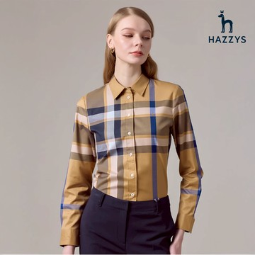 【HAZZYS】女款卡其色柔軟舒適品牌經典款長袖格紋襯衫 YBWKC010