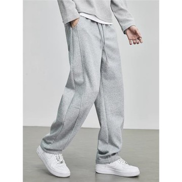 隱狼世家重磅灰色拼接直筒衛褲男寬松抽繩休閑運動褲潮牌垂感褲子