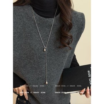 銀色水滴吊墜抽拉項鏈女秋冬長款毛衣鏈配飾輕奢高級感2026新款