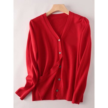 秋冬新款羊毛針織開衫女韓版V領修身外搭上衣新年紅色短外套毛衣