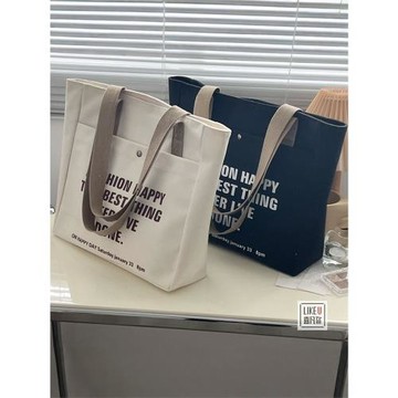 通勤拉鏈原創自制文藝字母托特包學生書包百搭方形單肩帆布購物袋