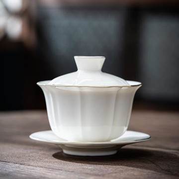 描金羊脂玉白瓷三才蓋碗陶瓷大號泡茶碗功夫茶具單個蓋杯德化白瓷