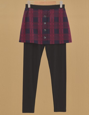 ★【喜芝梅】素面斜紋格雙排釦假兩件褲裙(兩色；M-2L) 223060943
