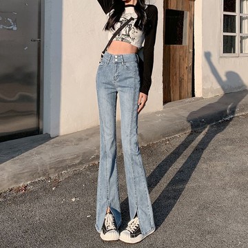 ParrotFashion[2078人好評]淺藍微喇牛仔褲女裝顯瘦2023年早春新款九分高腰開叉馬蹄喇叭褲子