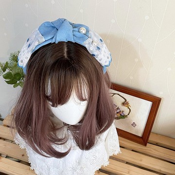 蝴蝶結髮箍/ 天藍 刺繡寬版蕾絲拼接 圓點 頭箍 髮帶式髮窟 髮哭