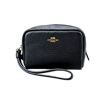 COACH黑色荔枝紋全皮立體方型手掛零錢包