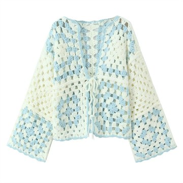 度假風鏤空鉤花全手工祖母格毛衣秋季新款寬松顯瘦系帶外套上衣女 鑫弘-素時衣櫥