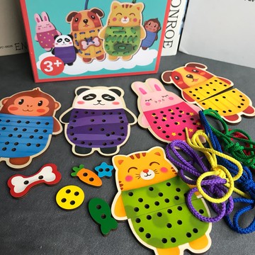 兒童早教木制桌面玩具桌面游戲大號動物穿線換衣玩具