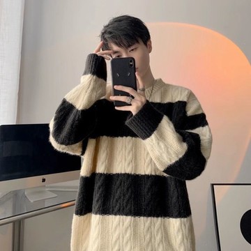 秋冬季加厚條紋毛衣男慵懶圓領針織衫潮牌寬鬆保暖外套休閒毛線衣 套頭橫條毛衣 外穿寬鬆毛衣 男裝秋冬毛衣外套 H1205