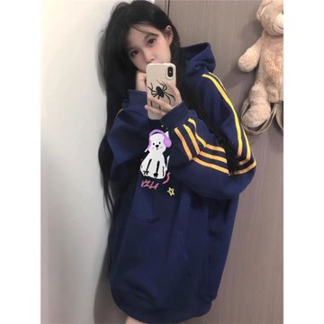 美式復古條紋重磅插肩袖連帽衛衣女秋冬季卡通慵懶風加絨加厚外套