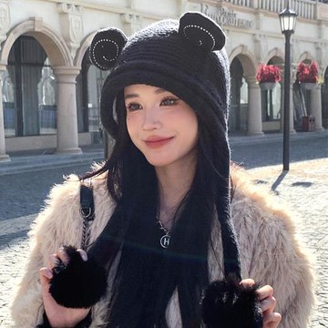 Acorn*橡果-韓系針織護耳毛帽保暖防風耳罩毛球帽1744(黑色)