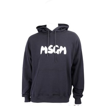 MSGM 粗白字毛圈襯裡黑色連帽長袖口袋運動衫 大學T(男款)