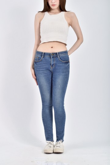 加購優惠(M) howluk丹寧牛仔質感鬆緊腰藍色長褲