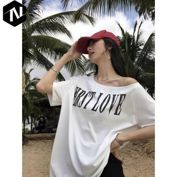 【Nico】🍋有貨🍋金靚 官圖【熱銷 彩棉拉架】多巴胺寬鬆慵懶斜肩短袖女夏露肩t恤 短袖T恤 半袖上衣