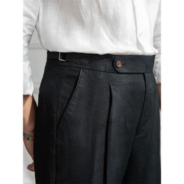 鹿三先生自制夏季100%亞麻直筒褲那不勒斯高腰西褲輕薄休閑褲潮男