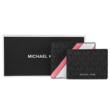 MICHAEL KORS COOPER 撞色條紋印花對開八卡短夾附活動夾禮盒組(黑灰/粉邊)