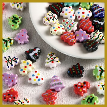 16.5x15mm新款可愛手繪陶瓷珠 卡通聖誕樹串珠 DIY飾品手鏈項鏈配件材料 串珠 串珠材料 串珠材料包 珠珠材料