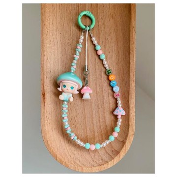 原創泡泡瑪特蘑菇萌粒手機鏈labubu手機掛鏈鑰匙扣掛件手腕包掛飾