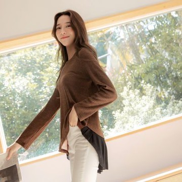 OB嚴選-長版針織拼接網紗長袖上衣《AB14315-》