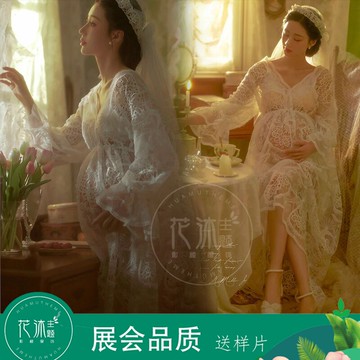 22花沐新款孕婦照服裝影樓拍照寫真唯美復古油畫透視蕾絲連衣裙