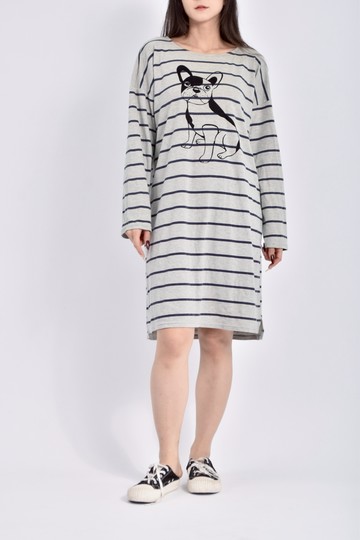 加購優惠(XL) mifennung條紋長袖小狗印花灰色洋裝