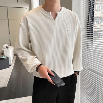 2025新款春秋季時尚潮流V領T恤男 百搭長袖寬鬆休閒打底衫男