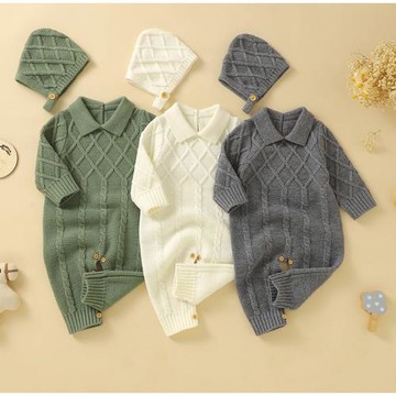 kakaINS歐美外貿秋冬嬰幼兒童麻花翻領針織毛衣哈衣哈衣爬服+帽子