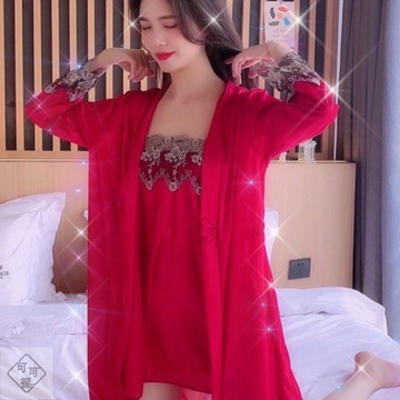 可可裡🎇春秋季睡衣女性感長袖吊帶睡裙女冰絲睡袍兩件套絲綢家居服薄夏