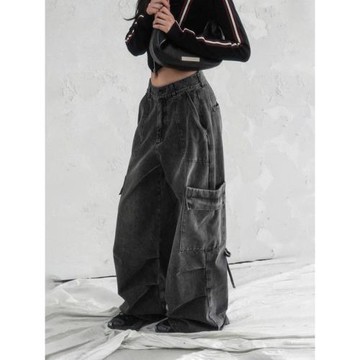 春季廓形牛仔工裝褲女外貿韓國尾單時尚高腰寬松大口袋休閑闊腿褲