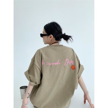 廢柴chic夏季新款13周年紀念款重磅300G純棉刺繡短袖T恤女潮情侶