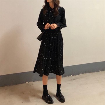秋裝閨蜜長短款復古波點小黑裙高腰顯瘦長袖連衣裙氣質長裙女1入
