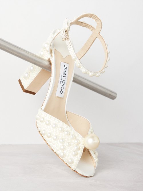 Jimmy Choo - Sacaria 100 Pearl-embellished Satin Sandals - Womens - Off White