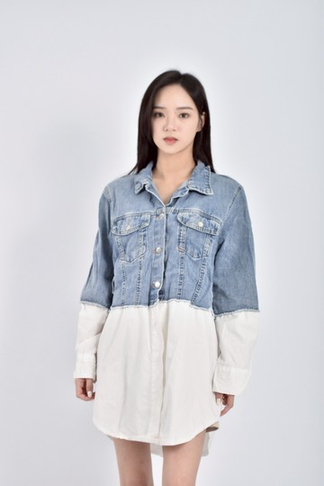 (M) jiadianj丹寧牛仔質感長袖假兩件藍色外套