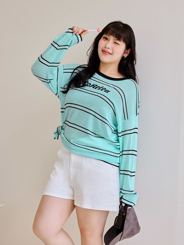 配色條紋英文寬鬆針織上衣