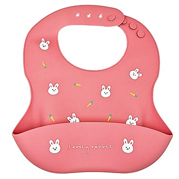 愛北鼻 防油防水矽膠圍兜 粉蘿蔔白兔 四扣3d款 柔軟親膚 易清潔 立體口袋  1入  1件