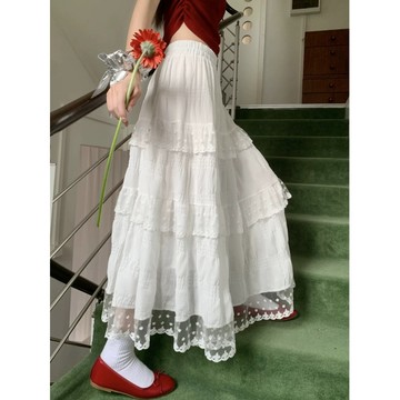 【桃喜Rich女裝】白色半身裙 蛋糕裙 公主裙 肌理感蕾絲花邊拼接高腰半身裙女 春季新款A字顯瘦長裙子
