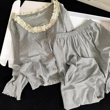 DUYI~夢詩 睡衣女ins風網紅條紋蕾絲夏季新款甜美清新休閒寬鬆家居服套裝夏