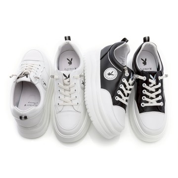 PLAYBOY EasyGO 免綁帶真皮厚底鞋-白/黑(PY0629)