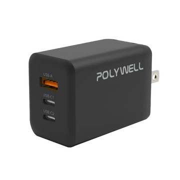 65W GaN 氮化鎵 PD三孔快充頭 USB Type-C插座x2 USB Type-A插座 PW15-T05-A023 黑色  1個