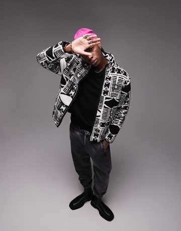 Topman borg jacket with all over aztec print in ecru-Multi