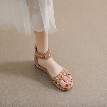 羅馬涼鞋女款夏季2024年新款網紅爆款尚鉚釘編織細帶法式氣質大碼