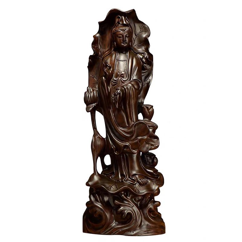 仏教美術 木彫仏像 精密細工 木彫り　黒檀木 観音菩薩像　仏像　置物 高さ30cm