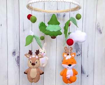 嬰兒床玩具、飾嬰兒房、林地、毛氈森林動物狐狸、鹿、熊、兔子