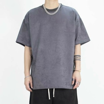 麂皮素面-韓版-短T 短袖 寬鬆落肩 男女可 (水泥灰)-L    Concept Design